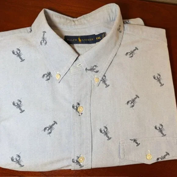 โญ Ralph Lauren XXL Button Down Shirt Blue Lobster Print Short Sleeve Cotton - Picture 16 of 16
